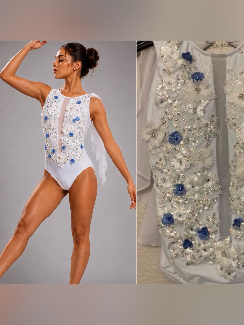 Rare Glamour competition dance costume leotard white blue rhinestone child XLC
